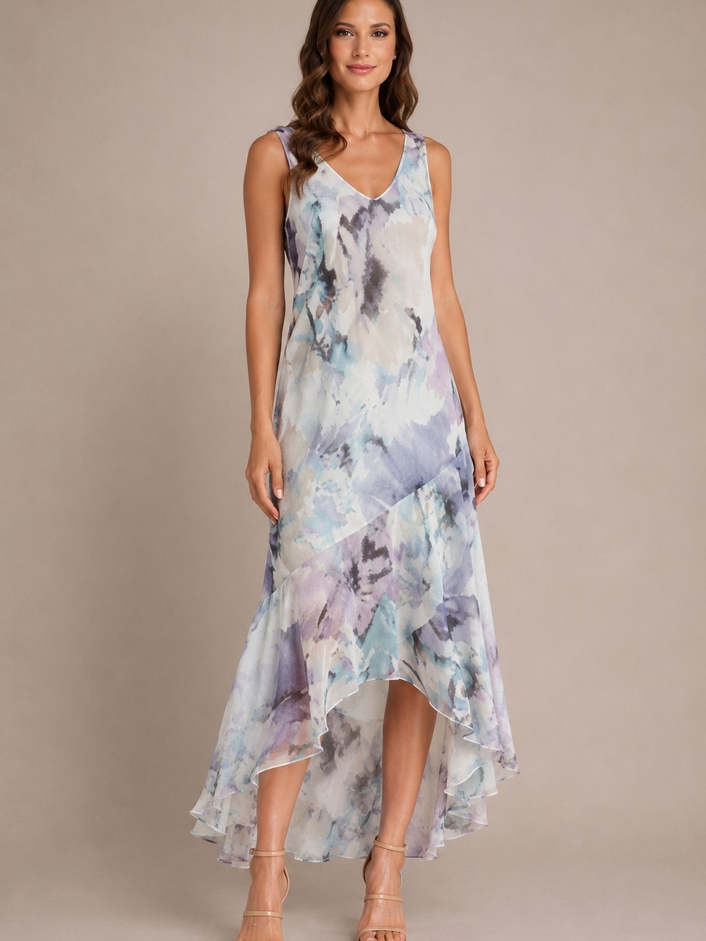 R&M Richards Watercolor Pastel High-Low Midi Dress